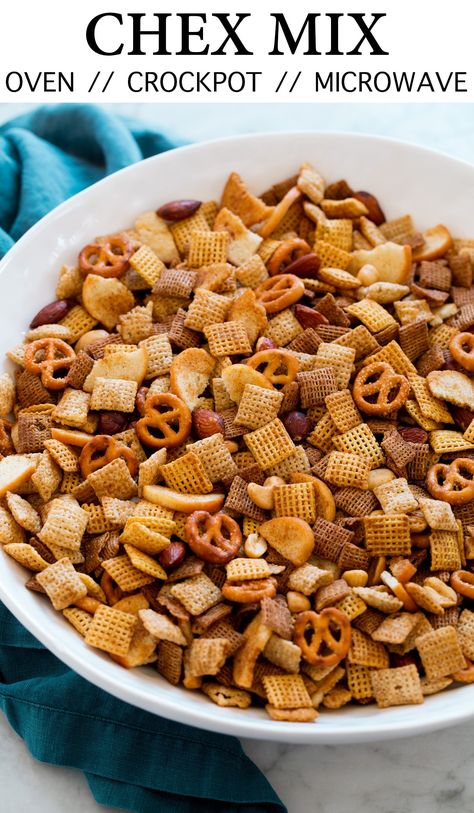 Easy classic Chex Mix - Includes options to cook in microwave, oven or slow cooker. A delicious recipe made with three types of crisp Chex cereal (wheat, rice and corn), crunchy bagel chips, salty pretzels, rich mixed nuts, and it's all coated in a well seasoned butter and Worcestershire based sauce. It's such a flavorful, nostalgic snack that's will keep you munching! #chexmix #snack #christmas Salty Chex Mix, Homemade Chex Mix Recipe, Chex Mix Original, Salty Pretzels, Chex Mix Recipes Original, Snack Christmas, Sweet Chex Mix, Original Chex, Sweet Chex