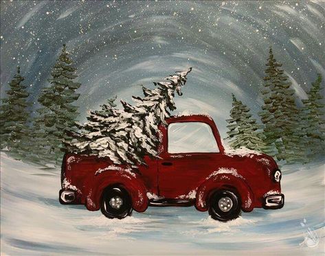 Truck & Tree Christmas Paintings On Canvas, Christmas Red Truck, Illustration Noel, Painting Party, Holiday Painting, Winter Painting, Christmas Canvas, Paintings On Canvas, Christmas Truck