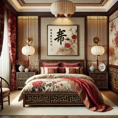 Asian Style Bedrooms Interior Design, Asian Interior Design Bedroom, Traditional Chinese Home Decor, Chinese Room Aesthetic, Chinese Room Design, Asian Style Room, Chinese Bedroom Design, Chinese Interior Design Traditional, Traditional Japanese Bedroom