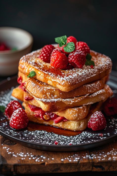 Stack of French toast topped with fresh raspberries, mint leaves, and powdered sugar on a dark plate. French Toast Bar, Stuffed French Toast Bake, Delicious French Toast Recipe, Stuffed French Toast Recipe, Simple Brunch, Friends And Food, French Toast Bake Recipe, Amazing Food Photography, French Baking