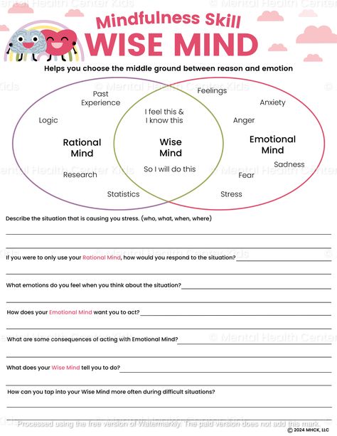 Wise Mind DBT Worksheets – Mental Health Center Kids Boundaries Worksheet Mental Health, Wise Mind Dbt, Dbt Worksheet, Dbt Skills Worksheets, Cbt Model, Dbt Activities, Cbt Therapy Worksheets, Impulsive Decisions, 90s Playlist