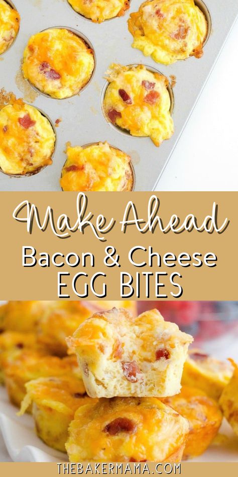 Make Ahead Bacon & Cheese Egg Bites are quick, easy and oh so tasty! Whisk together eggs, salt, milk, cheese, and bacon bits. Fill mini muffin cups, sprinkle with more cheese, and bake until golden. Allow to set before serving. Easy, delicious make-ahead bacon and cheese egg bites for a fuss-free breakfast. Bacon Egg And Cheese Bites, Egg And Cheese Bites, Cheese Bites Recipe, Bacon Egg Cheese, Breakfast Bacon, Egg Bites Recipe, Bacon Egg And Cheese, Egg Cheese, Breakfast And Brunch