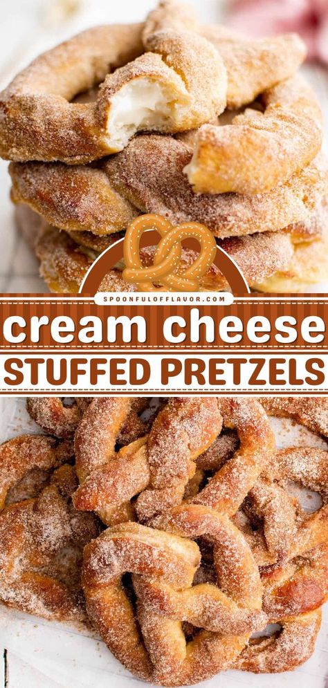 Cream Cheese Stuffed Pretzels, party food for a crowd, snack idea Disneyland Cream Cheese Pretzel, Cream Cheese Stuffed Pretzels, Cream Cheese Pretzels, Recipes That Use Cream Cheese, Cheese Stuffed Pretzels, Cheese Pretzels, Homemade Pretzels Recipe, Sweet Cream Cheese Filling, Stuffed Pretzels