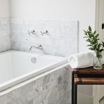 Bath Tables, Bathtub Backsplash, Tub Backsplash, Drop In Tub Ideas, Bathtub Tile Surround, Tile Around Bathtub, Subway Backsplash, Marble Tub, Built In Bath