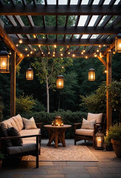 15 Stunning Pergola Patio Ideas You'll Fall In Love With 8 Back Deck Pergola Ideas, Garden Patio Pergola, Pergola And Decking Ideas, Pergola Base Ideas, Lighting Patio Ideas, Pergola On Terrace, Dream Outdoor Living Space, Free Standing Pergola Ideas Backyard, Pergola With Lights