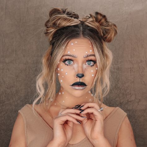 Deer Makeup Halloween Tutorial, Bambi Halloween Makeup, Bambi Makeup Deer, Easy Deer Costume, Simple Deer Makeup, Easy Deer Makeup, Halloween Deer Makeup, Deer Costume Makeup, Dear Makeup