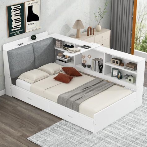 Amazon.com: DNChuan Twin Size Daybed with Trundle and Drawers,L-Shaped Bed with Storage Charging Station Arms and Cabinet/Shelves-Gray : Home & Kitchen Headboard Shelves, Sofa Bed Frame, Headboard With Shelves, Storage Headboard, Wood Daybed, Bookcase Headboard, Twin Platform Bed, Daybed With Storage, Bed Shelves