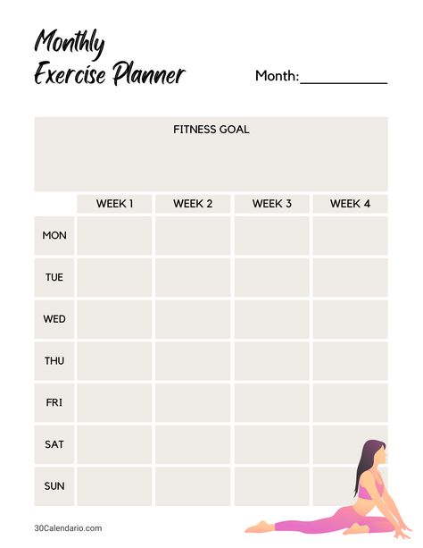 Monthly Workout Planner Template - Printable Gym and Exercise Schedule | Gym Printable Planner Workout Plans Template, Work Out Schedule Template, Workout Checklist Printable, How To Create A Workout Plan, Exercise Timetable, Month Schedule Planner, Workout Timetable, Gym Timetable, Monthly Workout Planner