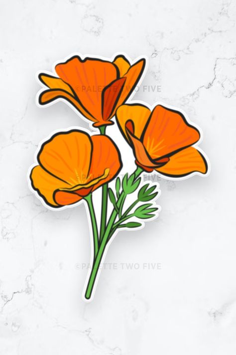 California golden poppy flower sticker with green stem sticker on a marble textured background Poppy Sticker, California Poppy Tattoo, California Poppy Art, Golden Poppy, Poppy Drawing, Poppies Tattoo, Linoleum Print, Colorful Murals, Poppy Art