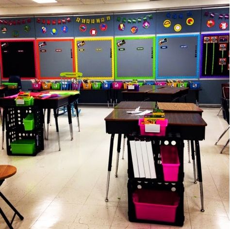 The Teaching Sweet Shoppe!: Bright neon classroom theme   Using crates for student storage! Neon Classroom, Esol Classroom, Portable Classroom, Organizing School, Theatre Classroom, Classroom Incentives, Student Storage, Classroom Arrangement, Kindergarten Classroom Decor