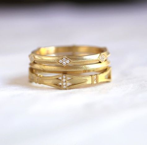 Contemporary Bridal Jewellery, Stacked Wedding Bands, Unique Diamond Rings, Gold Rings Fashion, Custom Ring Designs, Unique Diamonds, Diamond Rings Bands, Fine Jewelry Designers, Wedding Ring Sets