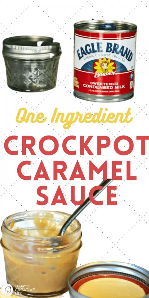 How to Make Slow Cooker Caramel Sauce or Dulce de Leche from a can of sweetened condensed milk. Great for homemade gift ideas/ Homemade Holiday Gift ideas. Homemade Caramel Sauce. Find a printable recipe on TodaysCreativeLife.com Crockpot Caramel Sauce, Sweet Condensed Milk Caramel, Crockpot Baking, Crockpot Caramel, Homemade Holiday Gift Ideas, Slow Cooker Caramel, Caramel From Condensed Milk, Crockpot Desserts, Sweetened Condensed Milk Recipes