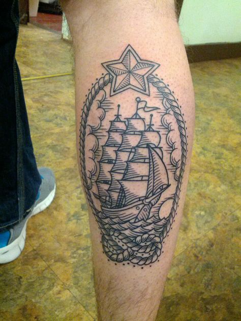 Scrimshaw Tattoo, by Thomas at Super Genius (Seattle). Fun fact: usually a tattoo of a fully rigged three masted ship indicates that the wearer has sailed around Cape Horn. Traditional Ship Tattoo, Nautical Tattoos, Freedom Tattoos, Stomach Tattoo, Tattoo Outline Drawing, Tattoo Skin, Nautical Tattoo, Ship Tattoo, Dad Tattoos