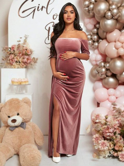 SHEIN Maternity Off Shoulder Split Thigh Velvet Dress | SHEIN USA Short Maternity Dress, Velvet Maternity Dress, Vestidos Para Baby Shower, Pregnant Party Dress, Latest Maternity Dresses, Pink Maternity Dress, Maternity Fashion Dresses, Shein Maternity, Split Hem Dress