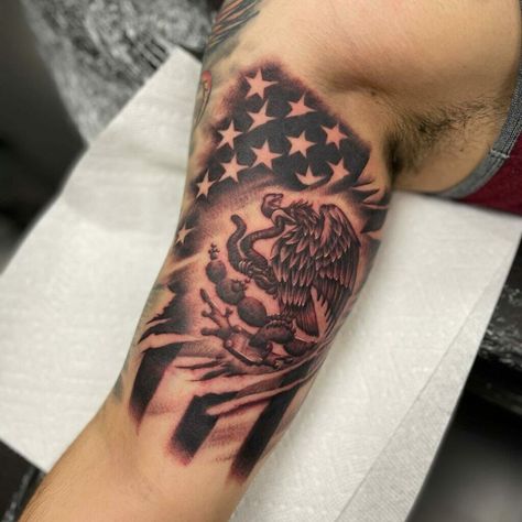 Mexican And American Flag Tattoo, Mexican Cultural Tattoos, Mexican And American Flag, Mexico Flag Tattoo, Mexican American Tattoos, Mexican Flag Tattoos, Mexican Inspired Tattoos, Tattoo 101, Shark Tooth Tattoo