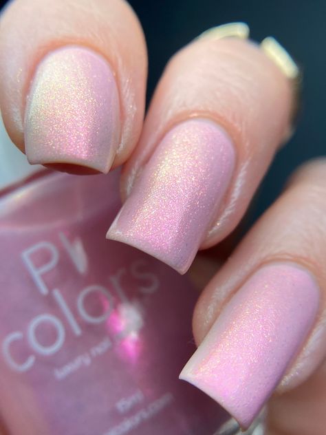 This is a pale pink nail polish with a colorshifting gold, pink, green shimmer. Sign up for our mailing list! www.picolors.com/mailing-list/ This polish is opaque in 2-3 coats. A clear base coat is always recommended to avoid any nail staining. A gloss topcoat is recommended. This polish is 10-free. The color may be slightly different in person due to your computer monitor settings. PI Colors Luxury Nail Lacquers are custom batches of handmade nail polish colors with a variety of effects as described in each product description. Batches are limited in availability to what is in stock. For polishes with color changing effects, we recommend using them within 1 yr of purchase to experience the effects at their best. Please note that we do not offer cancellations on orders or returns due to th Pale Pink Nail Polish, Pale Pink Nails, Pink Nail Polish, Polish Colors, Pink Nail, Luxury Nails, Gold Shimmer, Mailing List, Base Coat