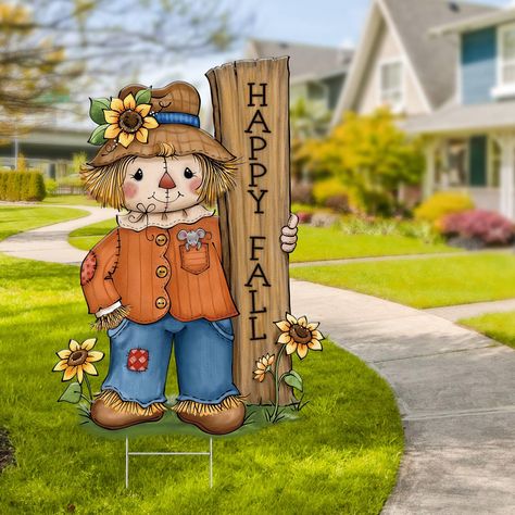 PRICES MAY VARY. SCARECROW STAKES: Our garden stakes adopt large size scarecrow design, embellished with a welcome sign which printed with “HAPPY FALL”, which looks very exquisite and rustic. Moreover, vibrant color matching adds a fresh smell to the fall season, bring you a lot of joy. GOOD QUALITY: Made of good quality plastic hollow board, durable and reusable, can be used and kept for a long time. The stakes are hard to break. EASY TO USE: The scarecrow yard stake decor is professionally cut Scarecrow Faces Painted On Wood, Wooden Scarecrow Ideas, Fall Sign Ideas, Diy Dollar Tree Fall Decor, Happy Fall Sign, Scarecrow Art, Scarecrow Design, Harvest Porches, Fall Mailbox