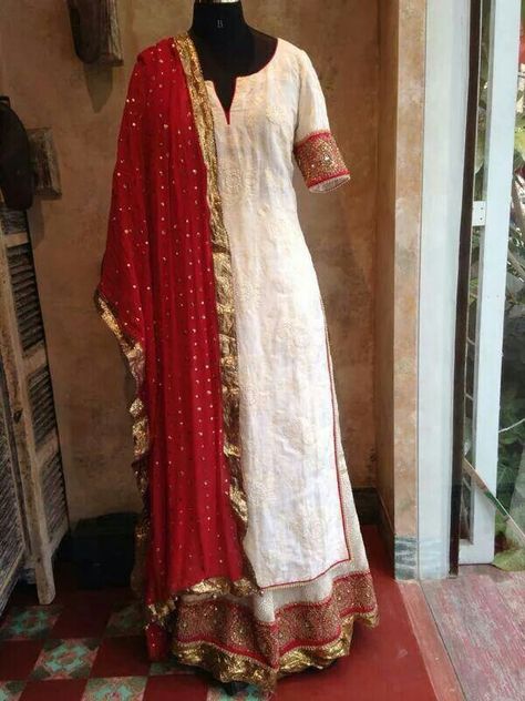 Red n white suit with sharara pants White Suit With Red Dupatta, Red Indian Outfit, Suit With Sharara, Salwar Fashion, Red Sharara, Red And White Outfits, White Anarkali, Pakistan Dress, White Dress Outfit