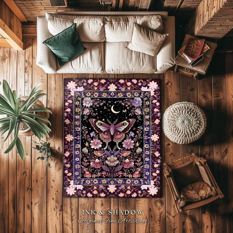 Dark Floral Decor, Witchy Botanical, Purple Moth, Cottagecore Butterfly, 1800s Home, Moon Rug, Gothic Cottagecore, Woodland Whimsy, Whimsical Goth