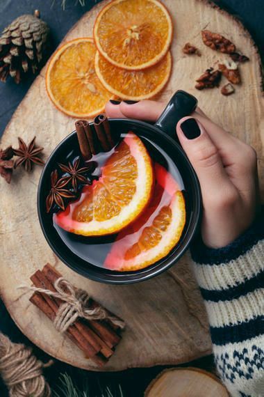 Hot Mulled Wine, Girl's Hand, Mulled Wine, Winter Sweater, Top View, Cinnamon, Wine, Bowl, Orange