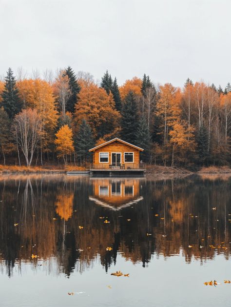 Autumn Reflection Paradise 🍁🏕️ Fall Cabin, Colorado Cabin Aesthetic, Pnw Autumn Aesthetic, Cabin In Mountains Aesthetic, Autumn Cabin Woods, Winter Cabin Aesthetic Exterior, Sports Camp, Autumn Painting, Cozy Cabin