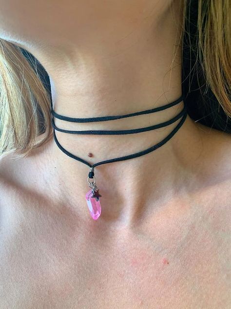 Pink crystal choker quartz choker black choker pink crystal | Etsy Rave Jewelry, Celestial Goddess, Beachy Bracelets, Quartz Choker, Jewelry Star, Space Jewelry, Choker Black, Crystal Hair Clips, Amazonite Bracelet