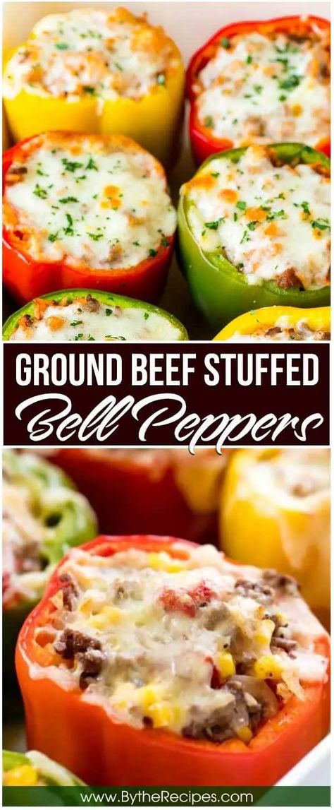 Ground Beef Stuffed Bell Peppers – By the Recipes Peppers Ground Beef, Stuffed Bell Peppers Ground Beef, Beef Fajita Recipe, Stuffed Bell Pepper, Bell Pepper Recipes, Recipes Beef, Fajita Recipe, Peppers Recipes, Beef Dinner