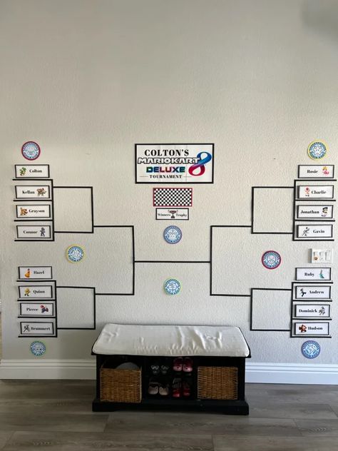 Mario Kart Tournament Party, Game Tournament Party, Mario Birthday Party For Adults, Mario Kart Tournament Bracket, Mario Kart Trophy Diy, Video Game Tournament Party, Mario Kart Trophy, Mario Kart Tournament, Mariokart Tournament