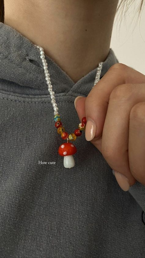 Clay Mushroom Necklace, Mushroom Beaded Necklace, Pendant Necklace Aesthetic, Czech Jewelry, Necklace Aesthetic, Mushroom Necklace, Mushroom Pendant, Indie Jewelry, Diy Friendship Bracelets Patterns