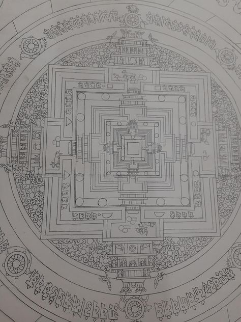 "Kalachakra Mandala is a Sanskrit word for \"wheel of time\". The mandala of kalachakra is aerial view of the kalachakra temple, situated in Lhasa and contains 722 Deities, and at its heart on a Lotus flower, a single Buddha: Kalachakra. It is a 5 level structure, each level is represented by a square, and each square is set within the others. In mandala there are six circles of elements: wisdom, space, wind, fire, water and earth. Then we get to different entrance of the body, speech and mind. Mandala Buddhist, Kalachakra Mandala, Tibetan Mandala, Buddhist Iconography, Meditation Photos, Wheel Of Time, Sanskrit Words, Thangka Painting, Fire Water