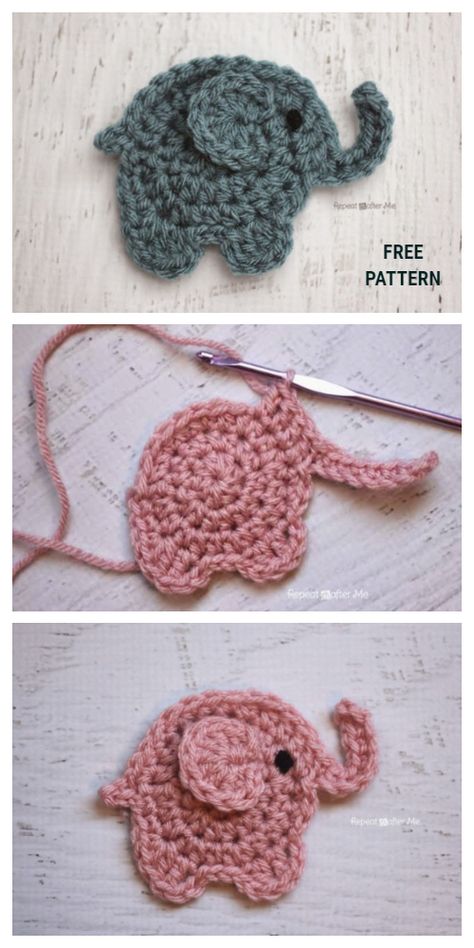 Crochet Insects Free Pattern, Crochet Elephant Pattern Free, Crochet Elephant Pattern, Ripple Blanket, Crochet Applique Patterns Free, Crochet Embellishments, Elephant Applique, Crochet Elephant, Diy Magazine