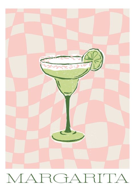 Green And Pink Illustration, Margarita Illustration Cocktail, Green Prints For Walls, Pink And Green Painting Ideas, Cocktail Art Print, Cocktail Prints Art, Cocktail Painting Acrylic, Painting For Kitchen Art, Cocktail Art Illustration