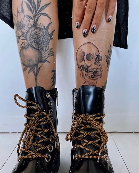 Leg Tattoo Placements, Sophie Floyd, Pomegranate Tattoo, New Tattoo Styles, Patchwork Tattoos, Small Tattoo Placement, Up Tattoo, Flash Tattoos, Tattoos Women