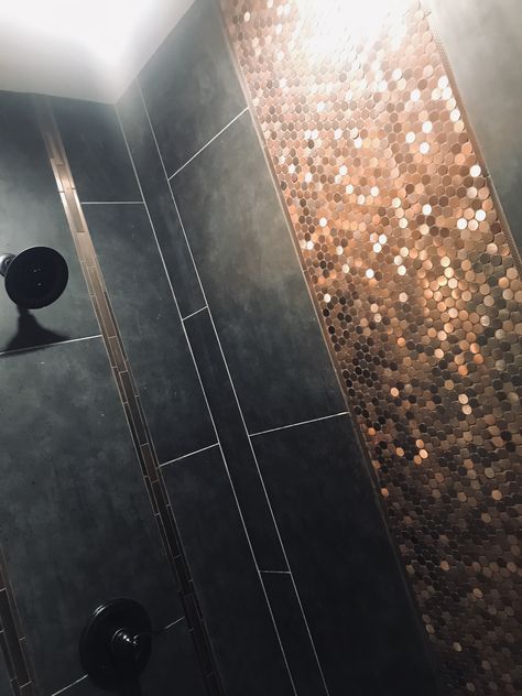 Custom made copper tile shower design idea. Has black tile and two types of copper designs. Copper And Grey Bathroom, Black Copper Bathroom, Black White And Copper Bathroom, Copper Tile Shower Ideas, Black And Copper Bathroom Ideas, Copper Interior Design Living Room, Copper Shower Tile, Bathroom With Black Shower Tile, Copper Shower Walls