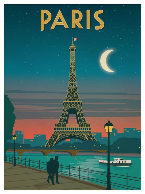 Vintage Paris at night Paris Travel Poster, Posters Decor, Art Parisien, Vintage Foto's, Eiffel Tower At Night, Postal Vintage, Paris Poster, House Deco, Vintage Poster Design