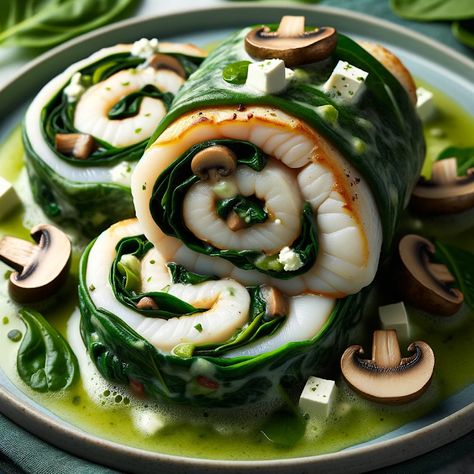 Cooking up Joy - Made with love: Emerald Embrace: Spinach-Stuffed Flounder with Mus... Stuffed Flounder, Flounder Fillet, Food Artwork, Food Illustration Art, Garlic Mashed, Spinach Stuffed Mushrooms, Roasted Asparagus, Food Illustration, Breakfast Foods