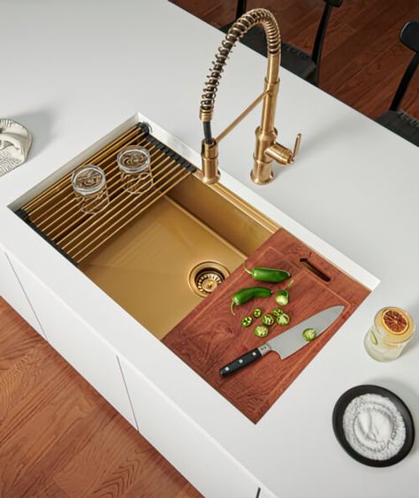 Colored Sinks, Workstation Sink, Unique Kitchen Design, Sink Grid, Undermount Kitchen Sinks, Dish Rack Drying, Kitchen Sink Faucets, Unique Kitchen, Black Stainless Steel