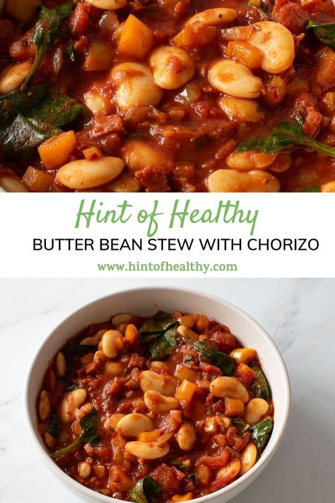 This tomato based butter bean stew with chorizo is full of flavor and made in only 20 minutes. It combines diced chorizo, onion and butter beans in a lovely tomato based sauce, perfect for easy and delicious weeknight dinners. Made with canned butter beans and Mexican or Spanish chorizo, it's quick and simple, and only includes affordable ingredients. It's easy to make vegan, and it's a naturally dairy free and gluten free stew. Soy Chorizo Recipes, Gluten Free Stew, Spanish Chorizo Recipes, Chorizo And Bean Stew, Chorizo Recipes Dinner, Butter Bean Stew, Lunch Toast, Spanish Chorizo, Vegan Chorizo