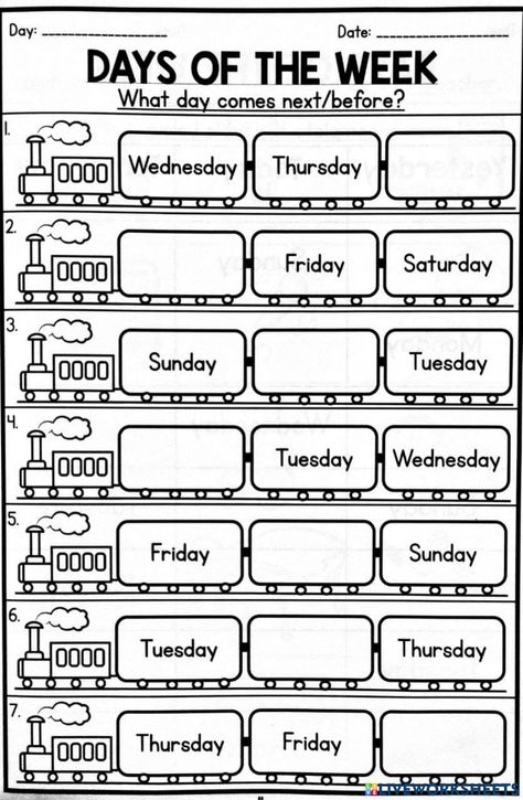 Days of the week interactive activity for Year 2. You can do the exercises online or download the worksheet as pdf. Days Weeks Months Years Worksheet, Kindergarten Worksheets Days Of The Week, Exercise Days Of The Week, Worksheet For Days Of The Week, Days Of The Week Learning, Days Of The Week Worksheets For Kids, Days Of The Week Exercises English, Activity Sheets For Grade 2 English, Days Pf The Week Worksheets