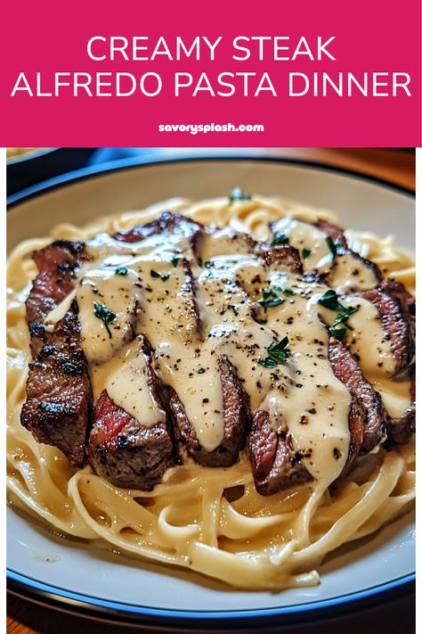 Looking for a dinner that's both delicious and filling? Try this Creamy Steak Alfredo Pasta! Featuring tender steak, rich Gorgonzola cheese, and a gooey alfredo sauce, this dish is perfect for special occasions or a cozy night in. Quick and simple to prepare, your entire family will love this mouthwatering recipe. Each bite combines savory flavors and creamy textures that dance on your palate. Perfectly paired with a salad or some crusty bread, it makes for a complete meal that will please any crowd. Upgrade your dinner nights now! Steak Alfredo Pasta Olive Gardens, Alfredo Pasta Ideas, Dinner Ideas Alfredo, Creamy Beef Recipes, Steak Dinner Ideas Pasta, Alfredo Dishes Dinners, Chicken And Steak Alfredo Pasta, Pasta To Go With Steak, Pasta And Cheese Recipes Simple