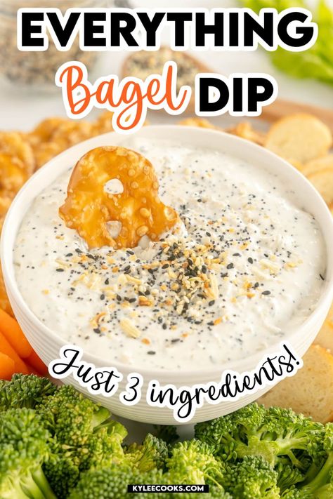 Everything Bagel Dip. Only 3 ingredients needed for this easy dip that's a flavor bomb! Cream cheese, sour cream and everything bagel seasoning blend perfectly for a creamy dip to enjoy with chips, pretzels, veggies and more. Make this for your next party! Cold Pretzel Dip, Easy Dips Sour Cream, Everything Bagel Seasoning Recipes Dip, Easy Pretzel Dip Recipes, Bagel Dip Recipe Old English, Bagel Chips And Dip, Sourcream Dips Easy, Cream Cheese Based Dips, Bagel Dips