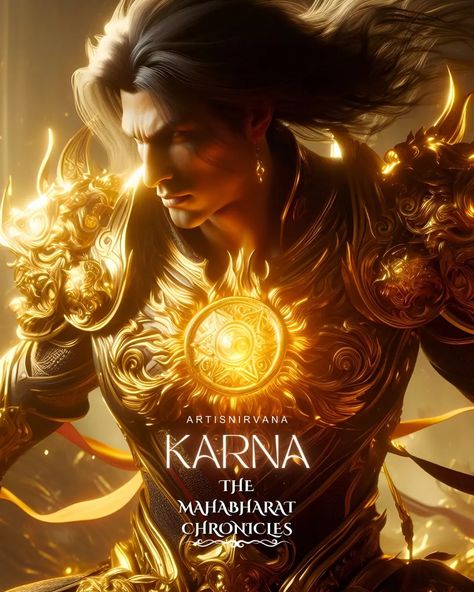 🔥🕉🏹 THE MAHABHARAT CHRONICLES 🏹🕉🔥 This is my interpretation of the Mahabharat's most iconic Characters. Karna was a Central Character in the Mahabharat. He was born to Kunti by a divine boon granted by Surya, the Son God. He was blessed with 2 Celestial items, his divine armor and earrings. Which he later was tricked to give away, being the kindest & most generous person he was, making him weaker in the battle. Renowned for his unparalleled mastery in archery, Karna's allegiance to Duryodha... Karan Mahabharat Wallpaper, Surya Putra Karna, Lord Karna, Mahabharat Art, Karna Mahabharata, Suryaputra Karna, Divine Armor, Mahabharat Characters, Suryaputra Karn