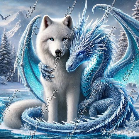 This stunning artwork captures the enchanting bond between a majestic white wolf and a mystical blue dragon in a winter wonderland. The intricate details and vibrant colors bring these mythical creatures to life, making it a perfect addition to any fantasy art collection. Ideal for fans of mythical tales and winter landscapes, this piece adds a touch of magic to any space. Fantasy Wolf Mythical Creatures, Mythical Dragons Beautiful, Wolf And Dragon, Ice Animals, Cool Dragon Pictures, Winter Dragon, Wolf Winter, Wolf Art Fantasy, Mythical Creature Art