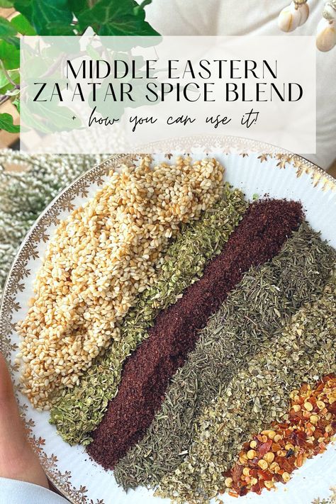 This Middle Eastern Za'atar Spice Blend is a staple in my kitchen! I use it to season salads, fish, and veggies. It’s also great to add to homemade hummus, baba ghanoush, or marinades! #zataarseasoning #zataarspice #middleeasternspices #middleeasternfood Arabic Spices Middle East, Zatar Seasoning Recipes, Za’tar Spice Blend, Za’atar Seasoning Recipe, Middle Eastern Spice Blend, Lebanese 7 Spice Blend, Zatar Seasoning, Za Atar Seasoning, Mediterranean Spice Blend