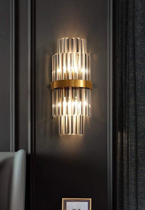 Modern Wall Scones, Gold Wall Lights, Art Deco Wall Lights, Wall Sconces Living Room, Sconces Living Room, Crystal Wall Lighting, Wall Scones, Metal Wall Light, Crystal Wall Sconces