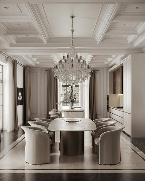 Neoclassical Restaurant, Neo Classic Dining Room, Luxe Dining Room, Luxury Dining Room Decor, Pik 2, Architecture Kitchen, Dining Room Design Luxury, Ceiling Details, Classic Dining Table