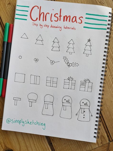 Christmas Tree Doodles Easy, Christmas Doodles Easy Step By Step, Christmas Drawings Easy Step By Step, Draw Christmas Doodles, Holly Doodle, Christmas Doodles Easy, Easy Christmas Doodles, Christmas Tree Drawing Easy, Christmas Tree Step By Step