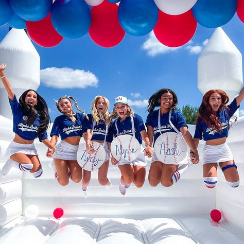 Bouncing into bid day! ☁️⚾️💙 Dm us to start designing your shirts for your dream bid day! #bidday #sorority #outfitinspo #recruitment #baseball #alphadeltapi #adpi bid day, sorority merch, sorority designs, recruitment, college Baseball Sorority Theme, Baseball Bid Day Theme, Baseball Bid Day, Delta Gamma Bid Day, Sorority Themes, Recruitment Themes, Sorority Girls, Sport Theme, Sorority Merch