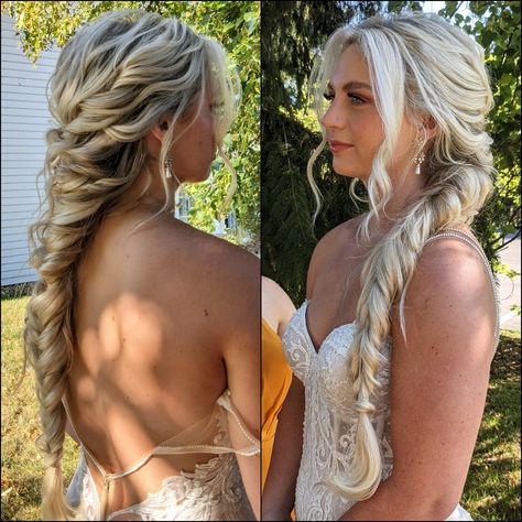 Long braid Formal Fishtail Braid Prom, Side Boho Braid Wedding Hairstyles, Big Braid Bridesmaid Hair, Wedding Hairstyles For Long Hair Side Braid, Long Braid Updo Wedding, Wedding Hairstyle Long Thick Hair, Boho Wedding Bride Hairstyle, Bride Hair Side Braid, Grad Braid Hairstyles