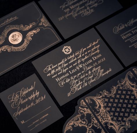 "🌺HOW TO ORDER INVITATIONS 🌺 \"Versailles!\" Letterpress Wedding Invitation Suite. The Palace of Versailles, the epitome of the French Baroque style was built to impress! We captured that grandeur, drama, and vitality with this richly ornate invitation letterpress-printed with your choice of gold or silver metallic ink on heavy black paper. For invitation closures you can choose from one of 3 diecut bellyband designs which can be wax-sealed around the 6x8 cards. * Select gold or silver metalli Vampire Wedding Invitations, Victorian Gothic Wedding Invitations, Dark Academia Wedding Invitations, Baroque Wedding Invitations, Goth Packaging, Gothic Wedding Venues, Graveyard Wedding, Mascarade Wedding, Black Metal Wedding